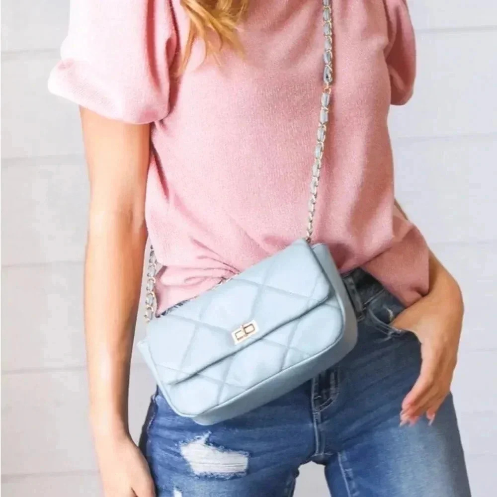 New Dusty Blue Rectangular Quilted Chain Strap Clasp Bag